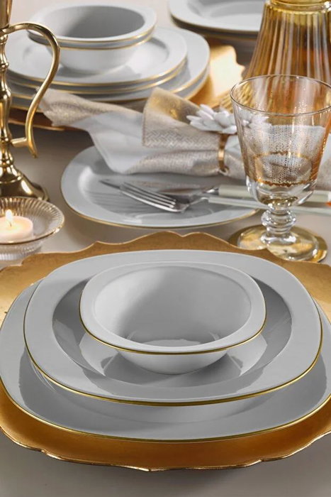 Hermia Juego de cena de porcelana LP24Y2520, 24 piezas, Blanco y dorado